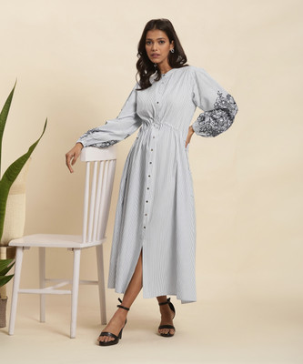 W Women A-line White, Dark Blue Ankle Length Dress