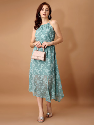 FashFun Women Fit and Flare Green Midi/Calf Length Dress