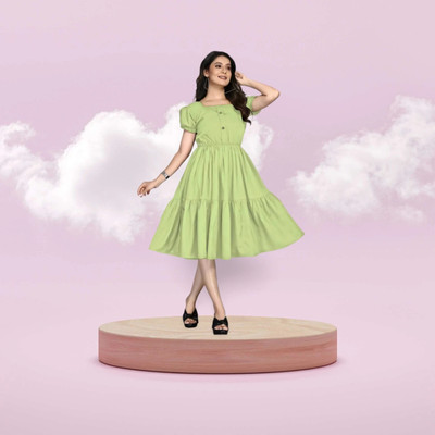 HOC's Women Ethnic Dress Green Midi/Calf Length Dress