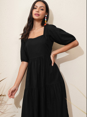 Tokyo Talkies Women Fit and Flare Black Midi/Calf Length Dress