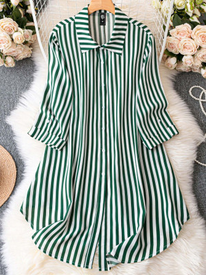 Honky Tonky Women Shirt Green, White Knee Length Dress