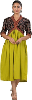 Crazy Needle Women A-line Green Midi/Calf Length Dress