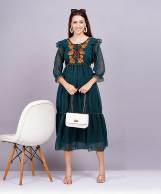 Highlight fashion export Women Fit and Flare Green Midi/Calf Length Dress