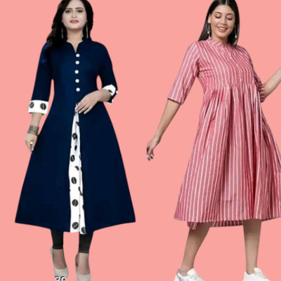 Suhani Creationnm Women Solid, Striped A-line Kurta(Blue, Pink)