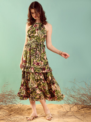 KASSUALLY Women A-line Green Midi/Calf Length Dress