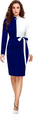 HIALTO Women Bodycon Blue, White Knee Length Dress