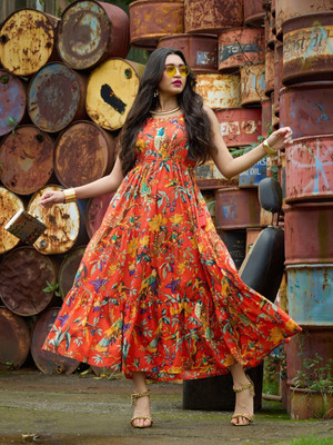 Globus Women Fit and Flare Orange Maxi/Full Length Dress