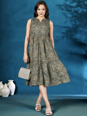 ANOUK Women Fit and Flare Grey Midi/Calf Length Dress