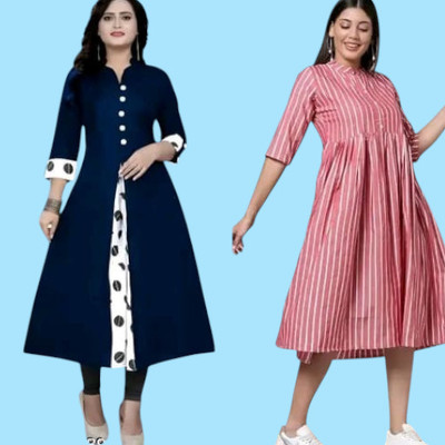 Houseofcommonk Women Printed Anarkali Kurta(Blue, Pink)