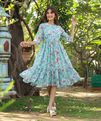 Janasya Women Tiered Green Below Knee Dress