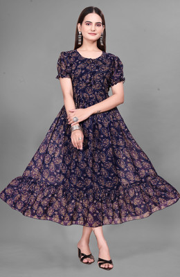 Parth Creation Women Fit and Flare Dark Blue Midi/Calf Length Dress