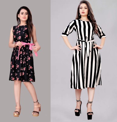 tanvi creation Women Fit and Flare Black, White, Pink Dress