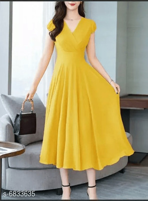 ADDICTED ATTIRE Women Fit and Flare Yellow Midi/Calf Length Dress