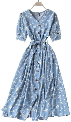 RIEKA Women Fit and Flare Light Blue Knee Length Dress