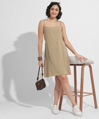 FashFun Women Shift Beige Above Knee/Mid Thigh Length Dress
