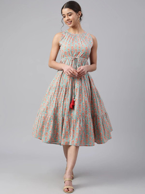 Jollity Women Printed Anarkali Kurta(Light Blue, Orange, White)