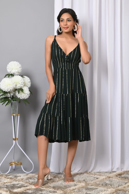 VYMO Women Fit and Flare Dark Green Below Knee Dress