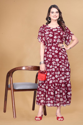 Rosasignora Women Ethnic Dress Maroon Knee Length Dress