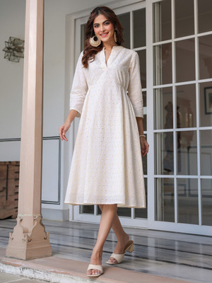 Janasya Women A-line White Midi/Calf Length Dress