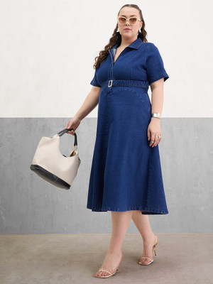 SASSAFRAS Curve Women A-line Dark Blue Midi/Calf Length Dress