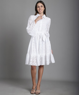 MARC LOUIS Women Fit and Flare White Knee Length Dress