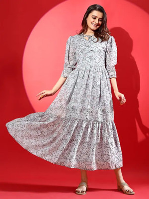 HK SHOPEE Women Fit and Flare Grey Maxi/Full Length Dress