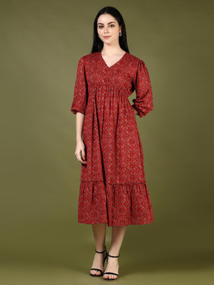 V-MART Women A-line Red Midi/Calf Length Dress