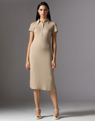 Selvia Women Bodycon Beige Below Knee Dress