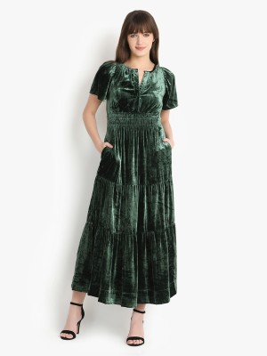 PUTSUM Women Cinched Waist Green Dress