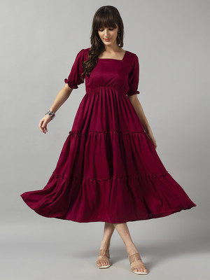 Krunal Raiyani Women Fit and Flare Maroon Midi/Calf Length Dress