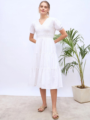 ZUMMER Women Fit and Flare White Midi/Calf Length Dress