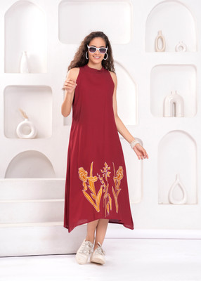 Jyoti Women Fit and Flare Red Midi/Calf Length Dress