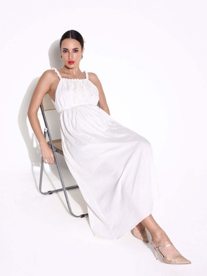 SHOWOFFFF Women Fit and Flare White Maxi/Full Length Dress