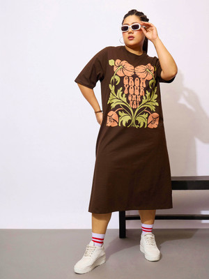 SASSAFRAS Curve Women T Shirt Brown Midi/Calf Length Dress