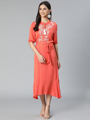 OXOLLOXO Women A-line Red Midi/Calf Length Dress