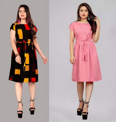 tanvi creation Women Fit and Flare Multicolor Below Knee Dress