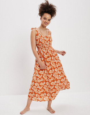 American Eagle Women A-line White, Orange Midi/Calf Length Dress