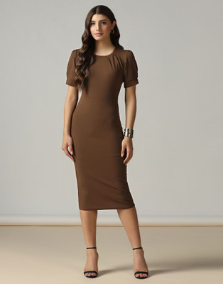 Moda Rapido Women Bodycon Brown Below Knee Dress