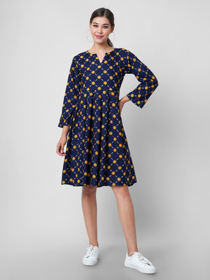 INDIANIC Women Fit and Flare Blue Knee Length Dress