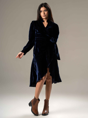 Urban Sundari Women Wrap Blue Below Knee Dress