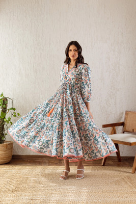 Leriya Fashion Women Empire Waist Multicolor Midi/Calf Length Dress