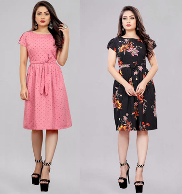 Hiral Creation Women Fit and Flare Pink Knee Length Dress