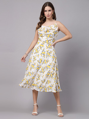 METRONAUT Women Fit and Flare Yellow, White, Black Midi/Calf Length Dress