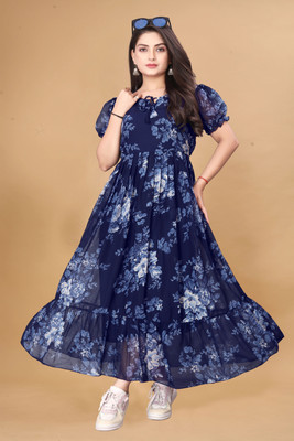 Maruti Nandan Impex Women Fit and Flare Blue Maxi/Full Length Dress