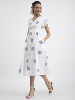Pink Fort Women Fit and Flare White Midi/Calf Length Dress