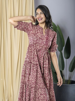 ZWERLON Women A-line Maroon Midi/Calf Length Dress