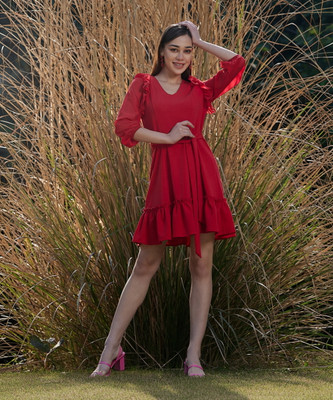 ATHENA Women Fit and Flare Red Above Knee/Mid Thigh Length Dress