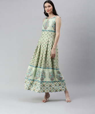 SHOWOFFFF Women Fit and Flare Green Maxi/Full Length Dress