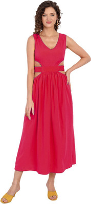 MINGLAY Women Fit and Flare Red Midi/Calf Length Dress