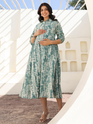 Janasya Women A-line Green Maxi/Full Length Dress